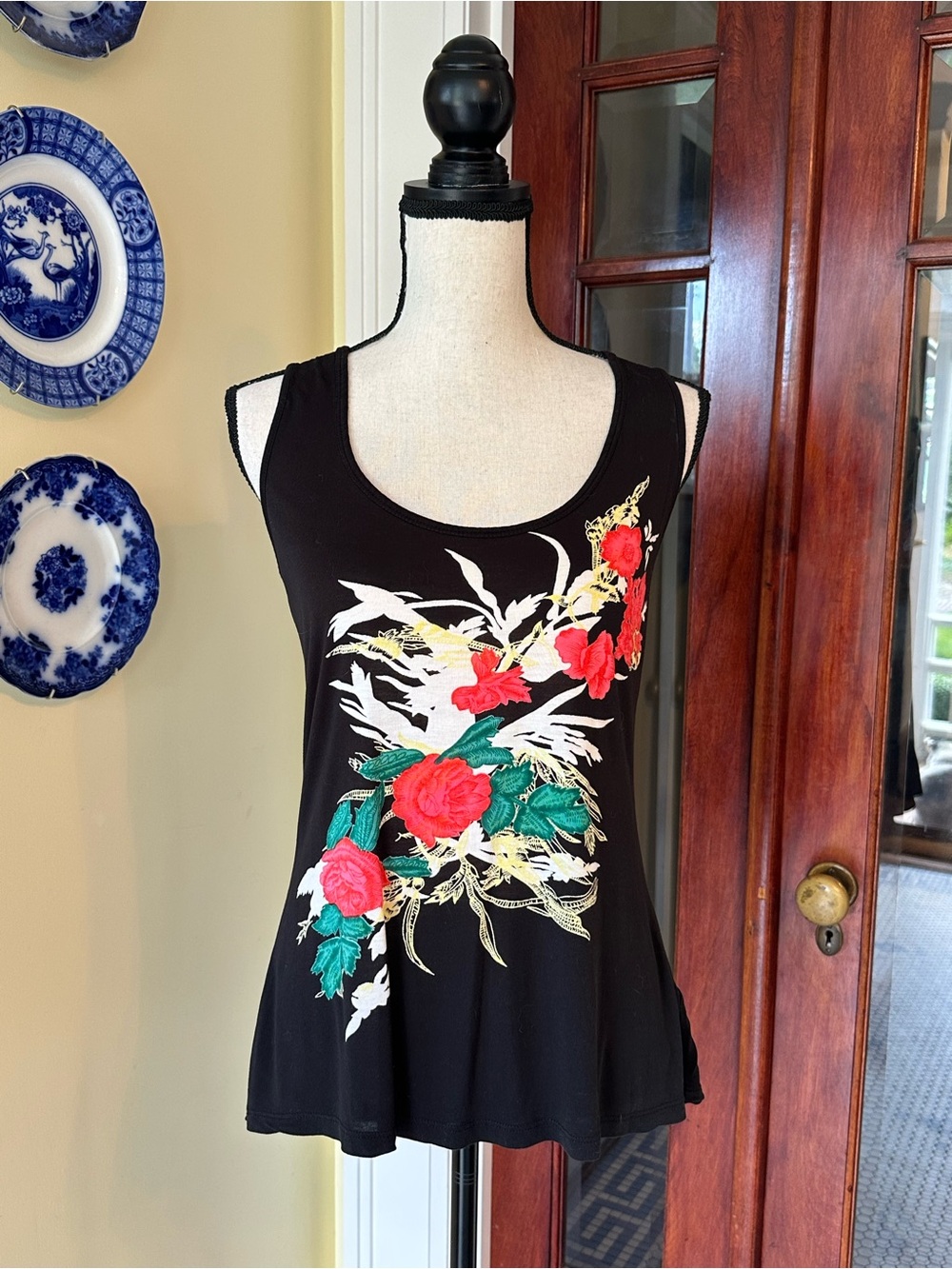Y2K Forever 21 | Whimsigoth Floral Graphic Tank, Mesh Beaded Back Panel, Size M